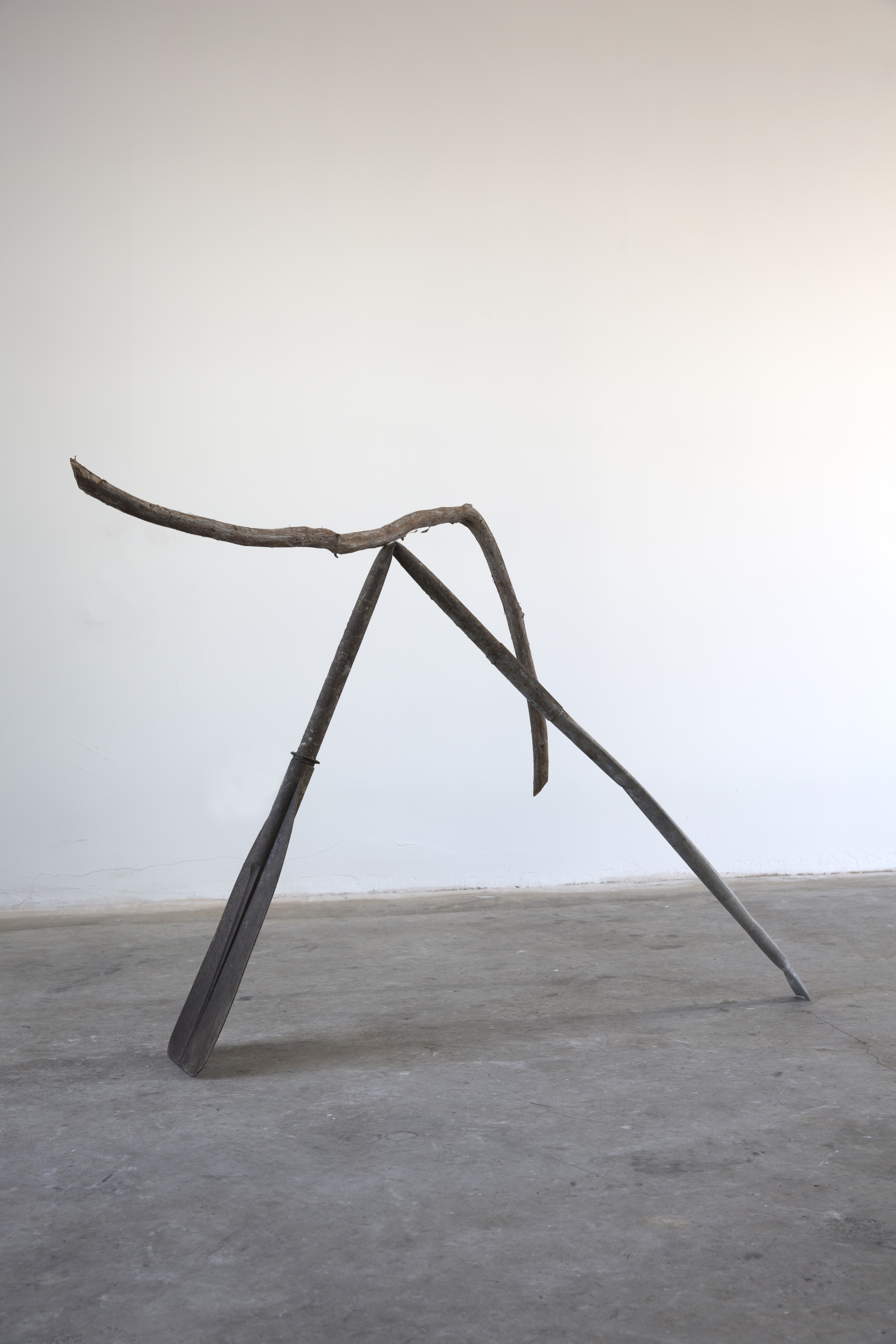 A curbed branch rests on a bent metal oar.