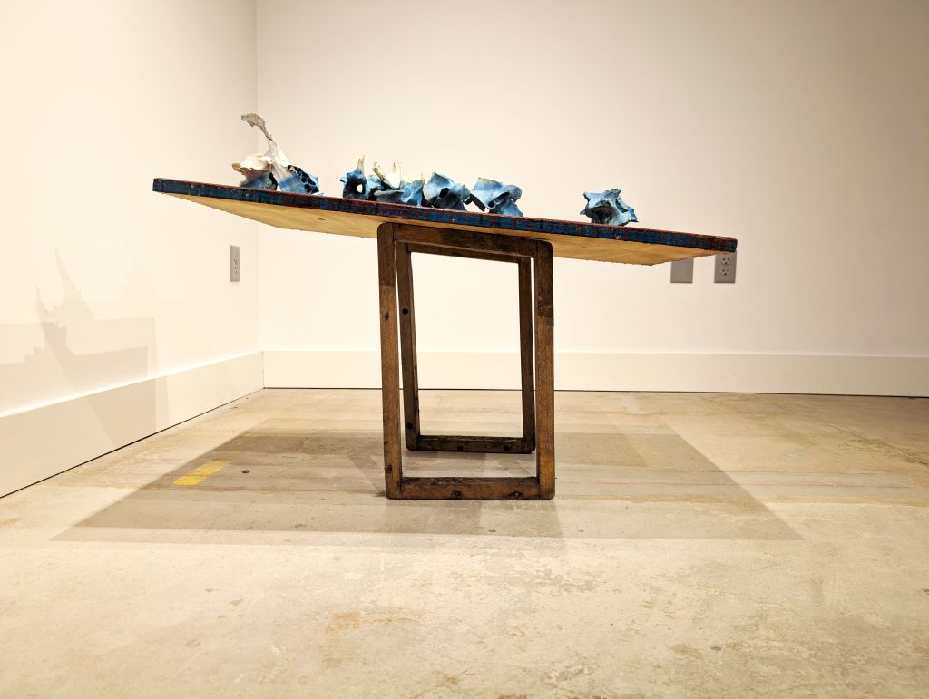 A shiny red table with blue vertebrae resting on top.