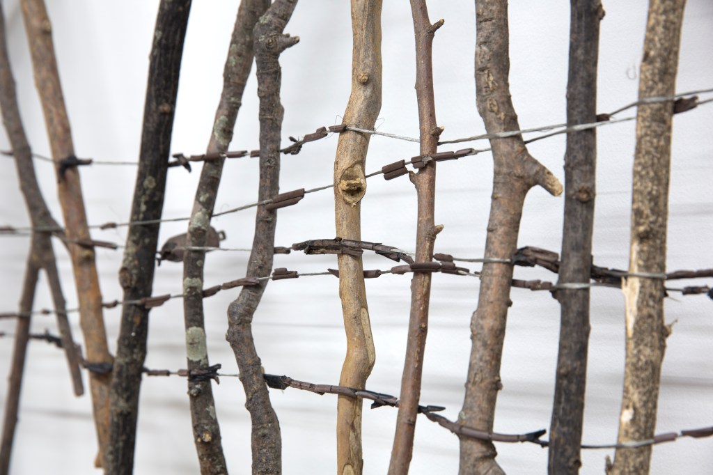 Branches woven together with deteriorated electrical wire.